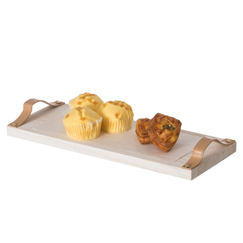 Decorative Natural Wooden Rectangular Tray Serving Board With Brown Leather Handles