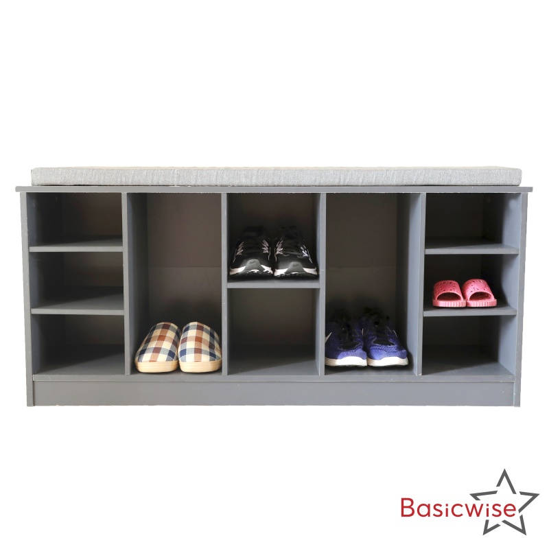 Basicwise Multi-Purpose Wooden Shoe Storage Bench Cushioned Seat Open Cubby Compartments And Versatile Organizer For Shoes Boots Sneakers And Accessories In Entryway Bedroom Mudroom Or Living Room