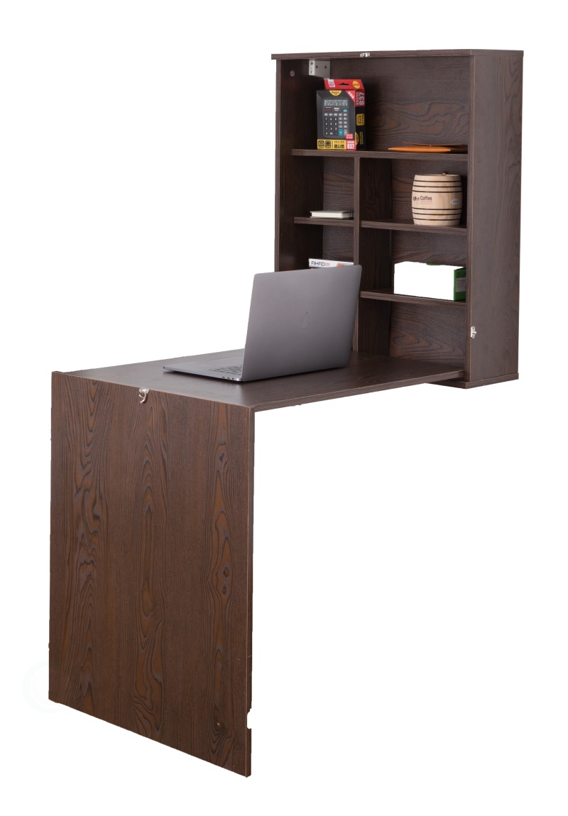 Basicwise Wall Mounted Folding Table With Shelves - Fold Down Murphy Workstation For Small Spaces - Space Saving Floating Solution, Wood, 34.25 X 23.5 X 59.5 In, Home Office Writing Surface