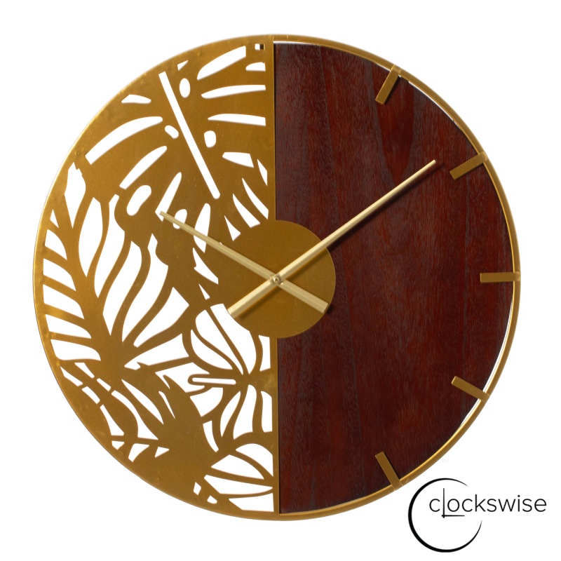 23.6” Modern Round Big Wall Clock, Decorative Brown Wood And Gold Metal With Leaf Cutout Oversize Timepiece For Entryway Office Living Room Bedroom Or Kitchen, Hanging Supplies Included, Unique Elegant Home Decor