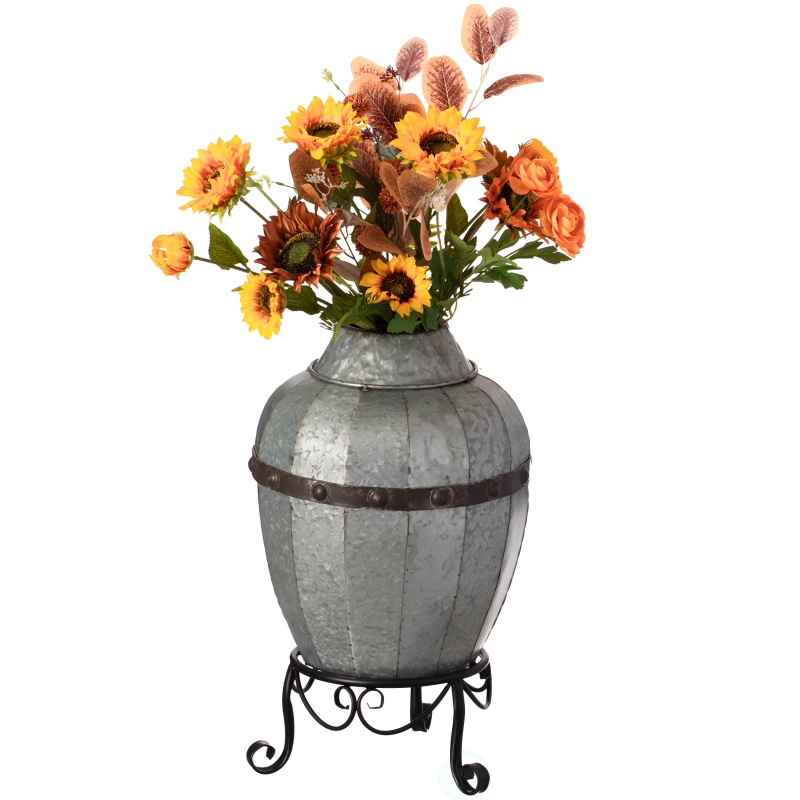 Rustic Silver Galvanized Barrel Shape Planter With Metal Stand