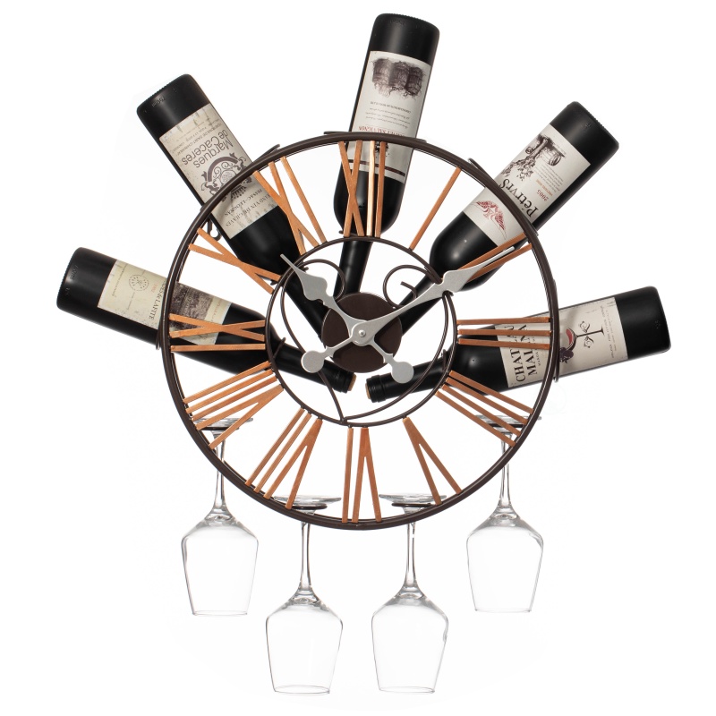 Wall-Mounted Clock Design Wine Holder With Stemware Rack - Unique Shelf For Champagne, White & Red Wine Organizer With 4 Glass Holders, Wine Bottle Display For Home, Kitchen And Bar Decor