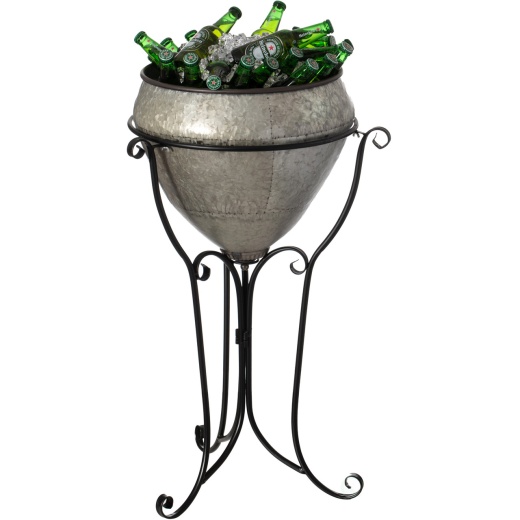 Silver Galvanized Metal Beverage Cooler Tub With Liner And Stand, Large
