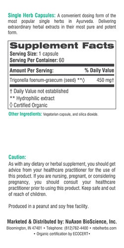 Rebel Herbs Organic Fenugreek Vegetarian Capsules - 60 Count
