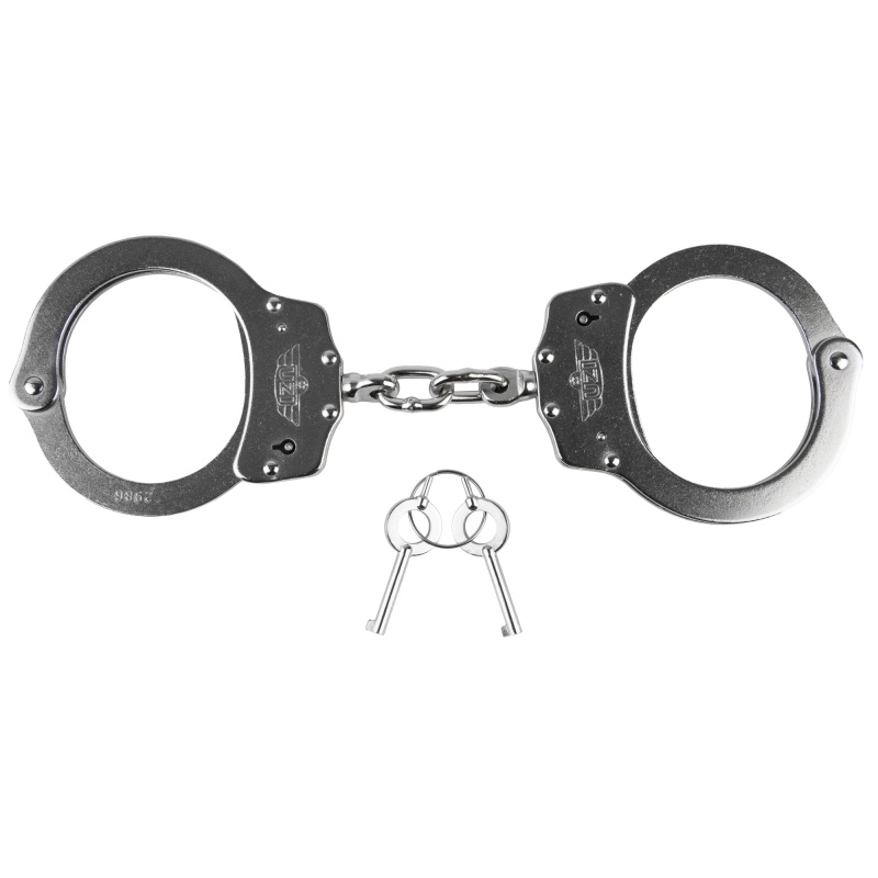 Caliber Gourmet, Uzi Handcuffs, Chain Connection, Double Locking, Silver, Includes 2 Keys