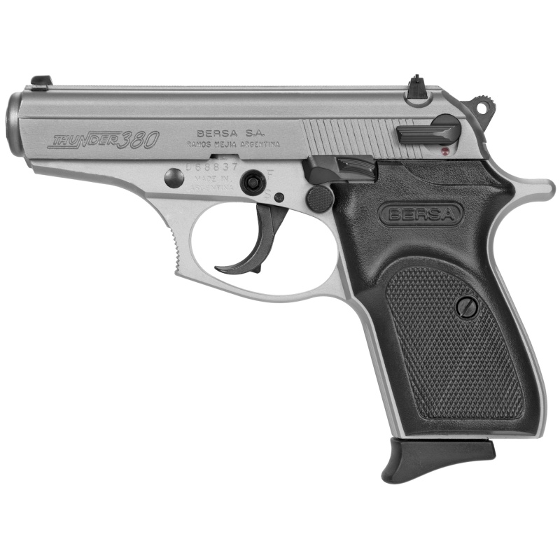 Bersa, Thunder, Double Action/Single Action, Semi-Automatic, Metal Frame Pistol, Compact, 380Acp, 3.5" Barrel, Alloy, Nickel Finish, Polymer Grips, Fixed Sights, 8 Rounds, 1 Magazine