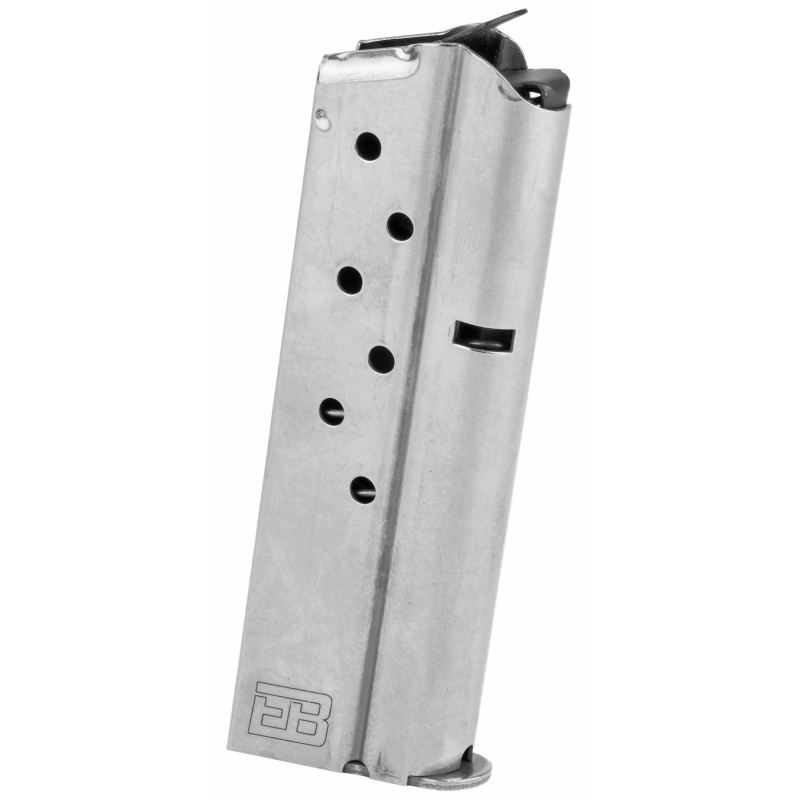 Ed Brown, Magazine, 9Mm, 8 Rounds, Fits 1911 Officer's Model, Includes 1 Thick And 1 Thin Base Pad, Stainless, Silver