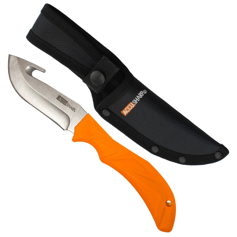 Accusharp, Gut-Hook Knife, Orange Handle, Stainless Steel Blade, Rubber Grip, Includes Sheath
