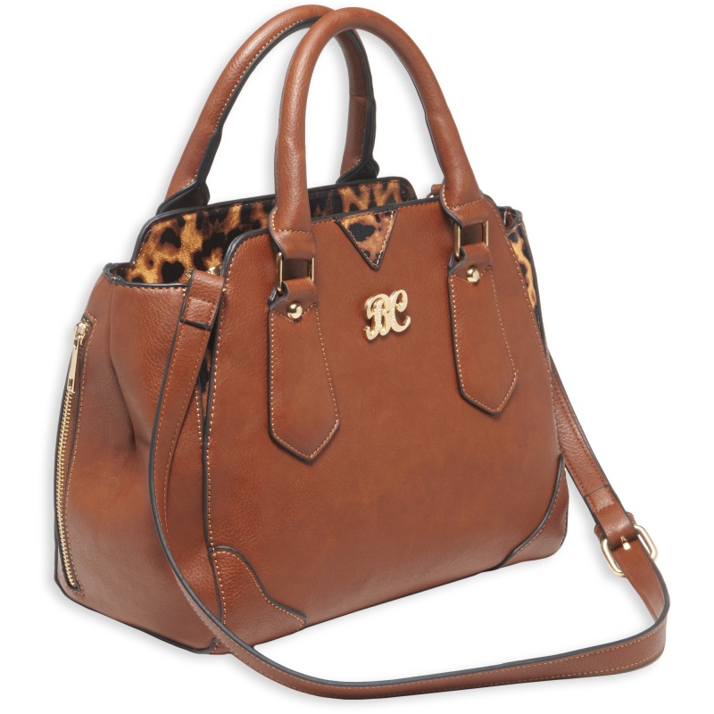 Bulldog Cases, Satchel Style Purse, Leather, Universal Fit Holster Included, Chestnut W/Leopard Trim