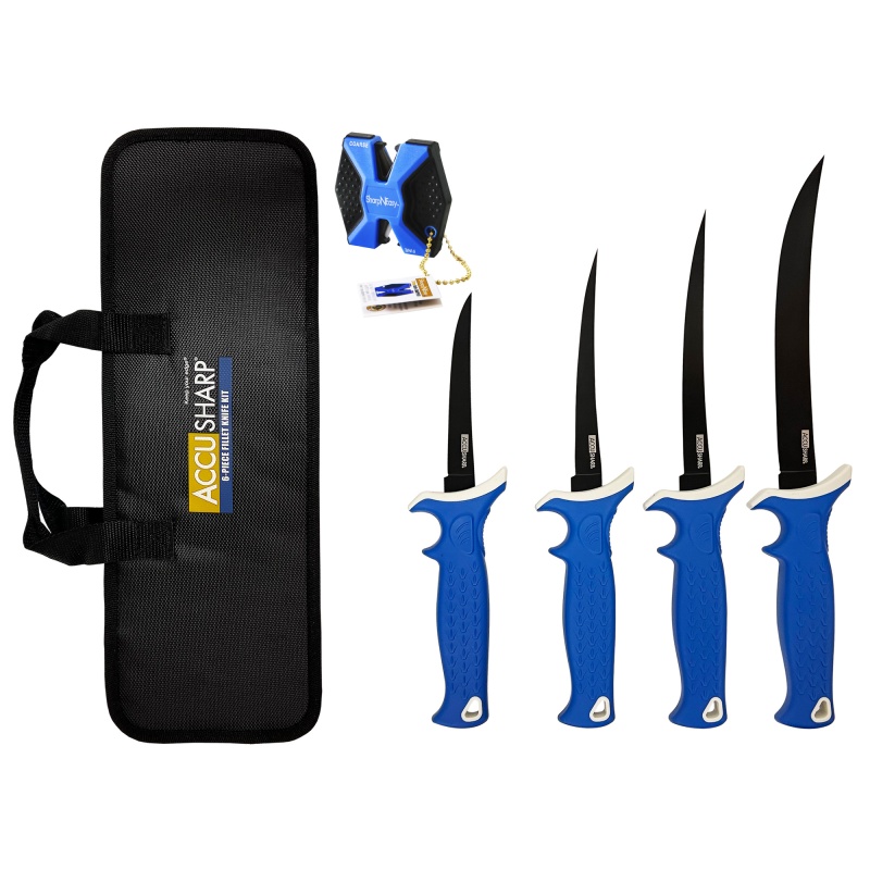 Accusharp, 6-Piece Fillet Knife Kit With Sharpener, Fixed Blade Knives, Blue Non-Slip Grip, Plain Edge, 4.75"-8" Stainless Steel Blades, Satin Finish, Nylon Carry Case