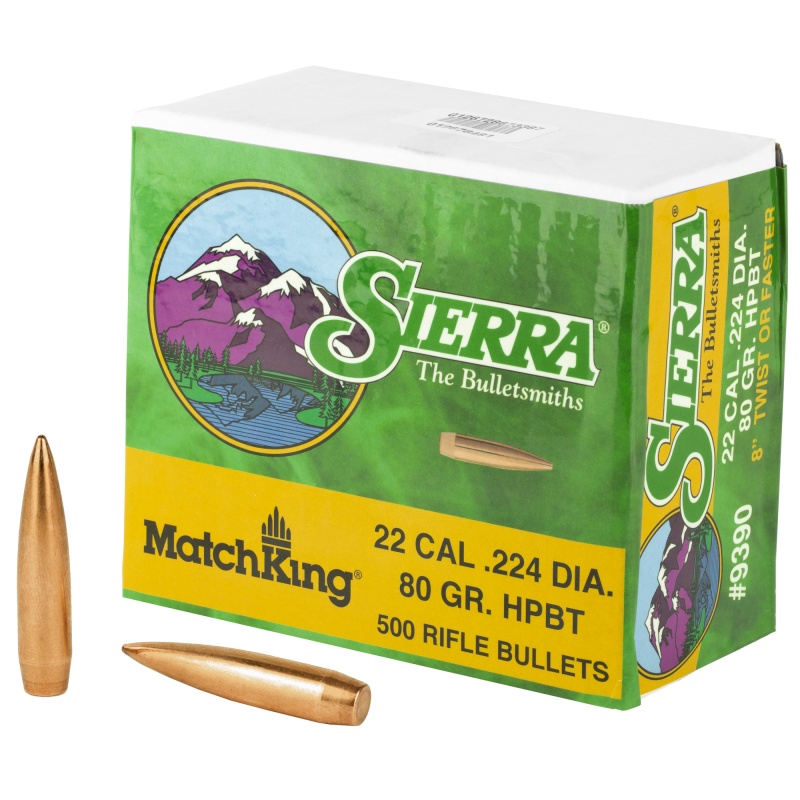 Sierra Bullets, Matchking, .224 Diameter, 22 Caliber, 80 Grain, Hollow Point Boat Tail, 500 Count