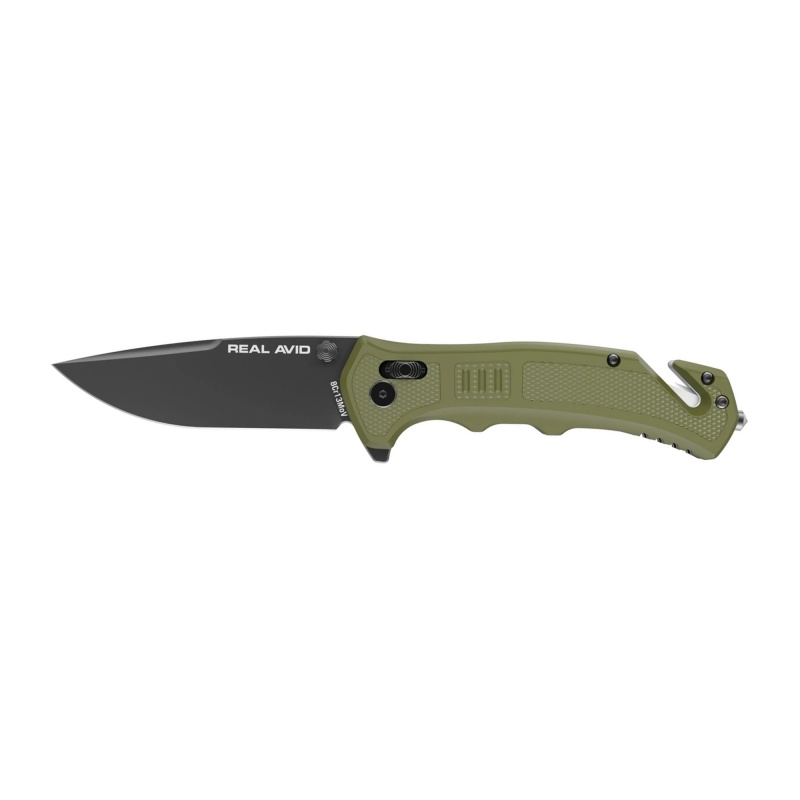 Real Avid, Rav-4, Folding Knife, Plain Edge, Matte Finish, Black And Green, Glass Filled Nylon Handle, 3.25" Blade Length, 7.75" Overall Length, Axis Lock, Stainless Steel