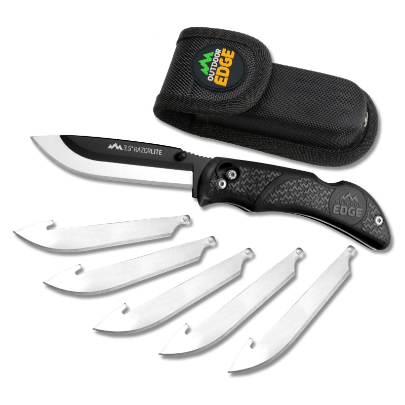 Outdoor Edge, Razor Lite, Folding Knife, Plain Edge, 3.5" Blades, 420J2 Stainless Steel, Black Handle, Includes (6) Drop Point Blades