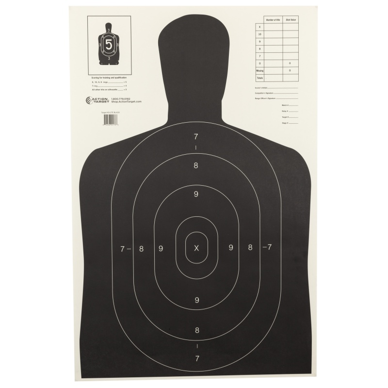 Action Target, B-27E Economy Target, Black Silhouette Cut Off Below Ring 7, 23"X35", 100 Per Box