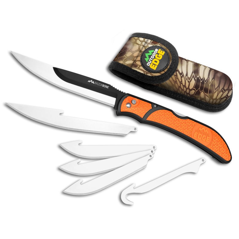 Outdoor Edge, Razorwork, Folding Knife, Plain Edge, Black Oxide Finish, 420J2 Stainless Steel, Orange Handle, Includes (2) Boning/Filet Knives, (3) Drop-Point Blades, And (1) Gutting Blade
