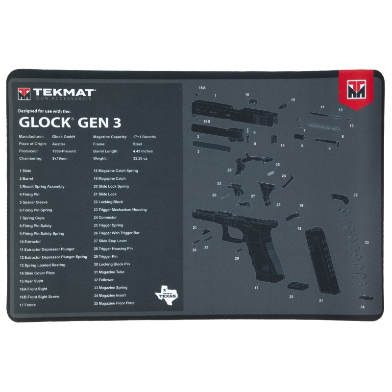Tekmat, Original Mat For Glock Gen 3, Cleaning Mat, Thermoplastic Surface Protects Gun From Scratching, 1/8" Thick, 11"X17", Tube Packaging, Black