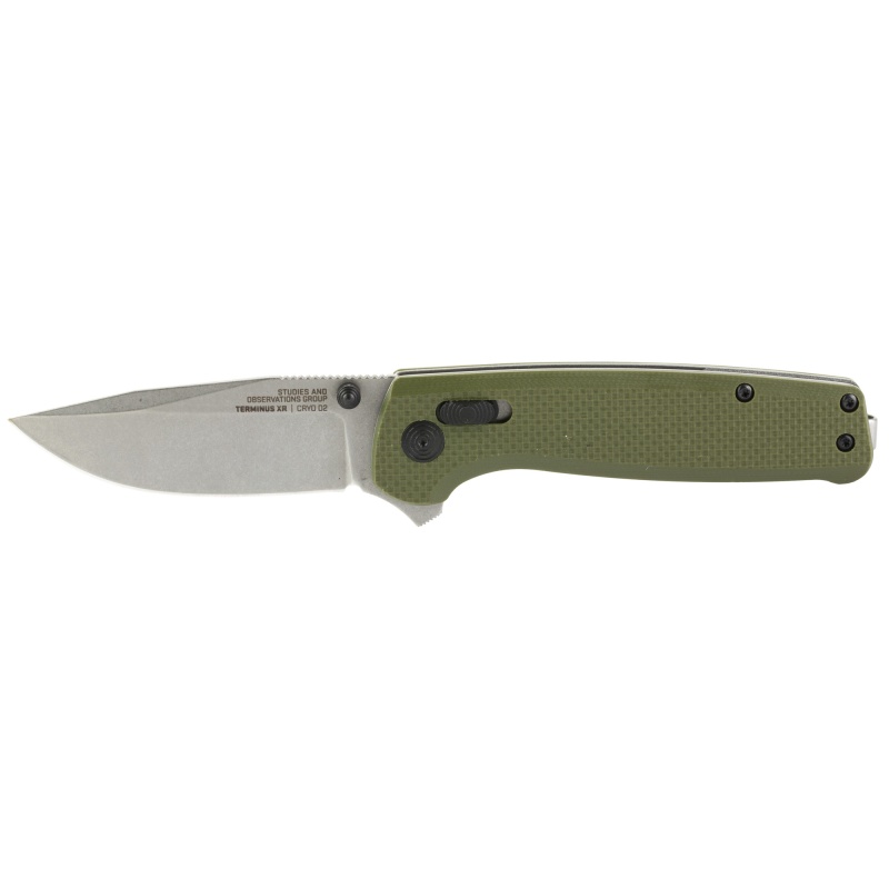 Sog Knives & Tools, Terminus Xr, Folding Knife, 2.95" Straight Clip Point, Olive Drab Green G10 Handle, D2 Steel, Stonewashed Finish, Silver