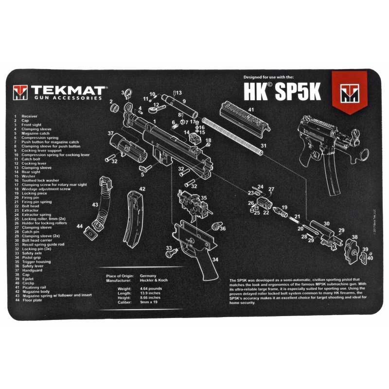 Tekmat, Pistol Mat For Heckler & Koch Sp5k, 11"X17", Black, Includes Small Microfiber Tektowel, Packed In Tube