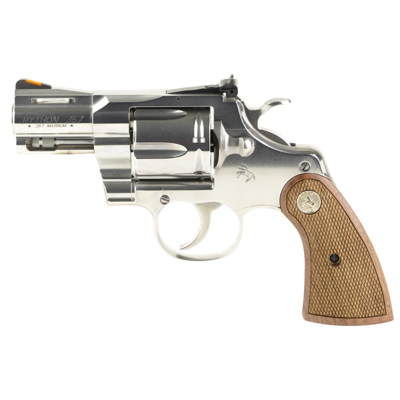 Colt's Manufacturing, Python, Double/Single Action, Steel Frame Revolver, 357 Magnum, 2.5" Barrel, Stainless Steel Finish, Silver, Walnut Target Grips, Blade Front/Adjustable Rear Sights, 6 Rounds