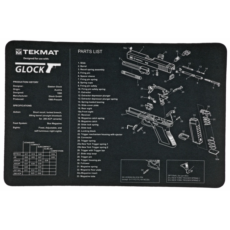 Tekmat, Pistol Mat For Glock 17, 11"X17", Black, Includes Small Microfiber Tektowel, Packed In Tube