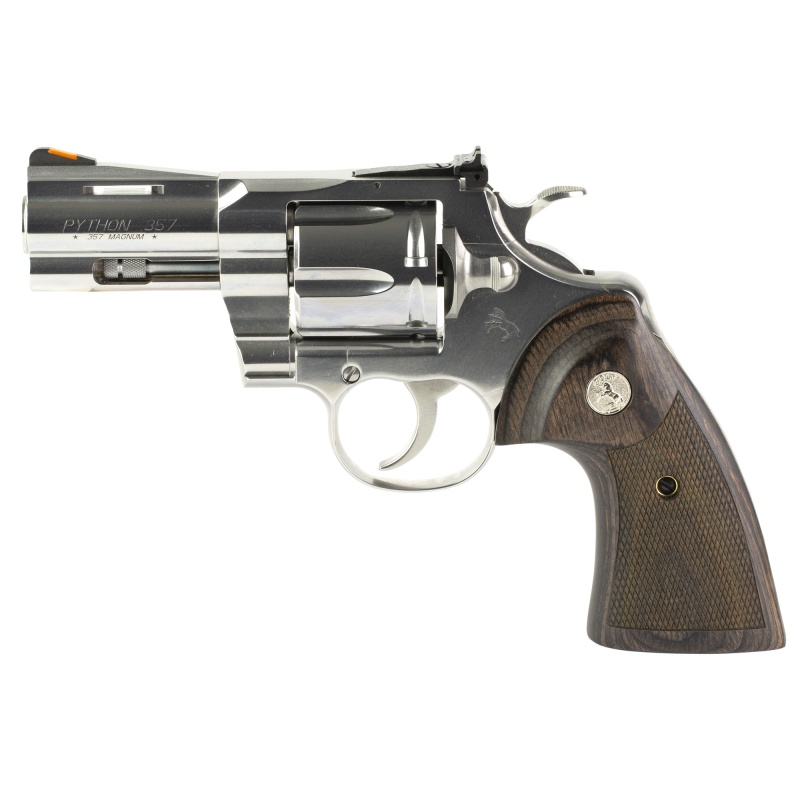 Colt's Manufacturing, Python, Double/Single Action, Steel Frame Revolver, 357 Magnum, 3" Barrel, Stainless Steel Finish, Silver, Walnut Target Grips, Blade Front/Adjustable Rear Sights, 6 Rounds