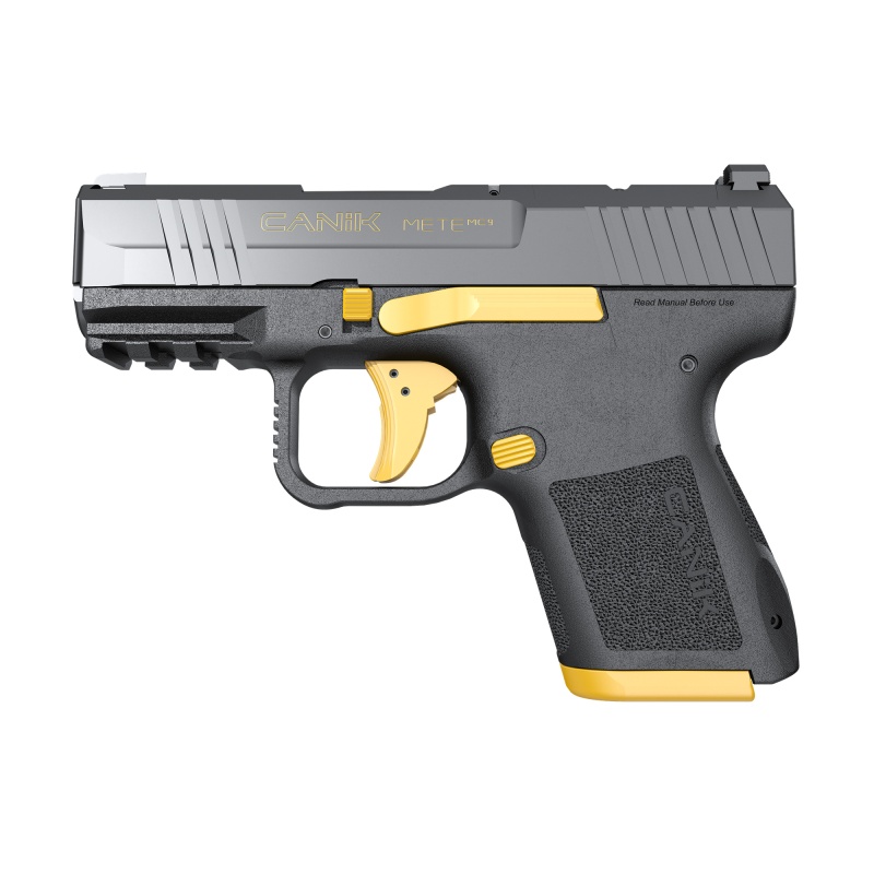 Canik, Mete Mc9, Semi-Automatic, Striker Fired, Polymer Frame Pistol, Micro Compact, 9Mm, 3.18" Barrel, Matte Finish, Black With Gold Accents, Optic Ready, 2 Magazines, (1)-12 Round, (1)-15 Round, Includes 3 Grip Back Straps, Magazine Loader, Custom Holster, Canik Punch And Tool Kit, Cleaning Brush And Jag, Hard Case