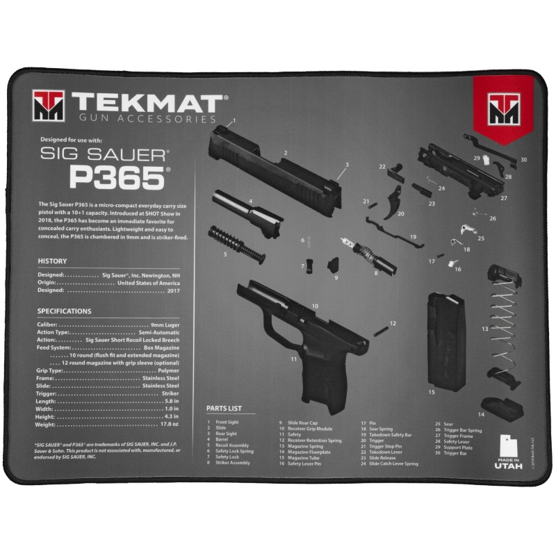 Tekmat, Ultra Mat, Sig Sauer P365, Cleaning Mat, Thermoplastic Surface Protects Gun From Scratching, 1/4" Thick, 15"X20", Tube Packaging, Black