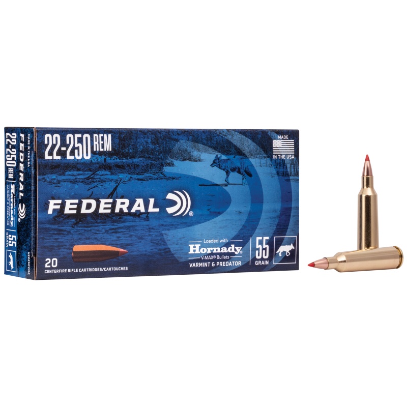 Federal, Varmint And Predator, V-Max, 22-250 Remington, 55 Grain, 20 Round Box