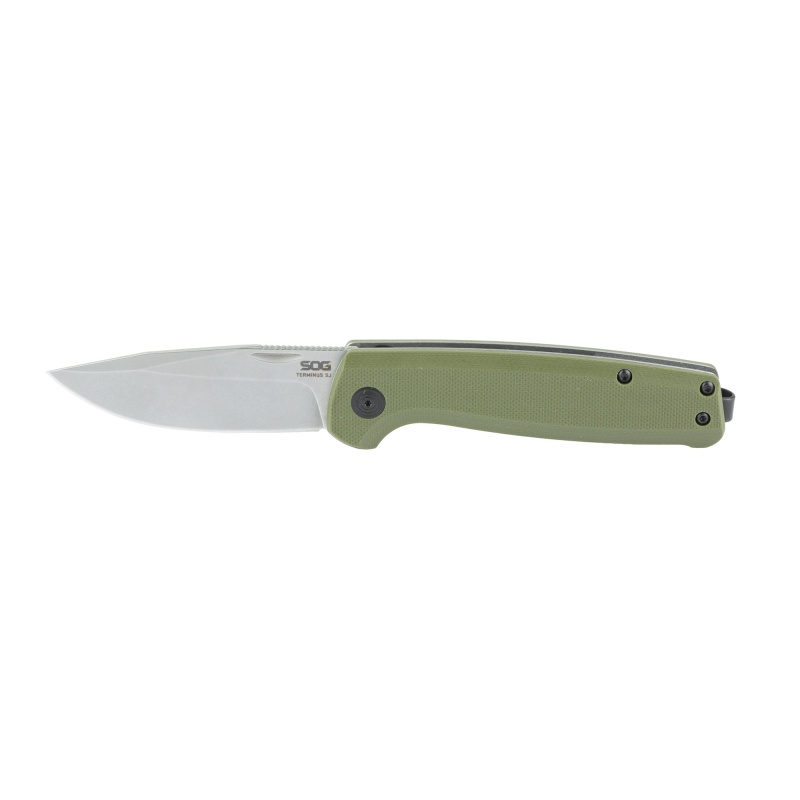 Sog Knives & Tools, Terminus Sj, Folding Knife, 2.9" Clip Point Blade,7.1" Overall Length, Cryo D2 Blade Steel, Plain Edge, Stonewash Finish, Silver, Olive Drab Green G10 Handle, Nail Nick Opener, Slip Joint Lock