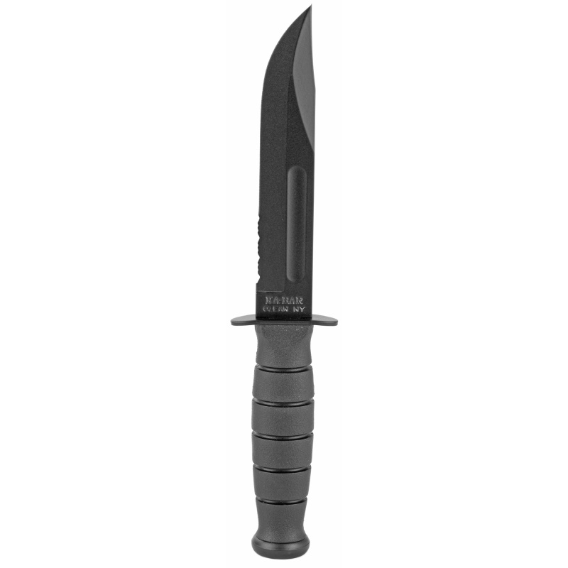 Ka-Bar Knives, Ka-Bar Short, Fixed Blade Knife, 5.25" Blade Length, 9.375" Overall Length, Clip Point, Combo Edge, 1095 Cro-Van/Black Steel, Matte Finish, Black, Kraton G Handle, Includes Glass Filled Leather Sheath
