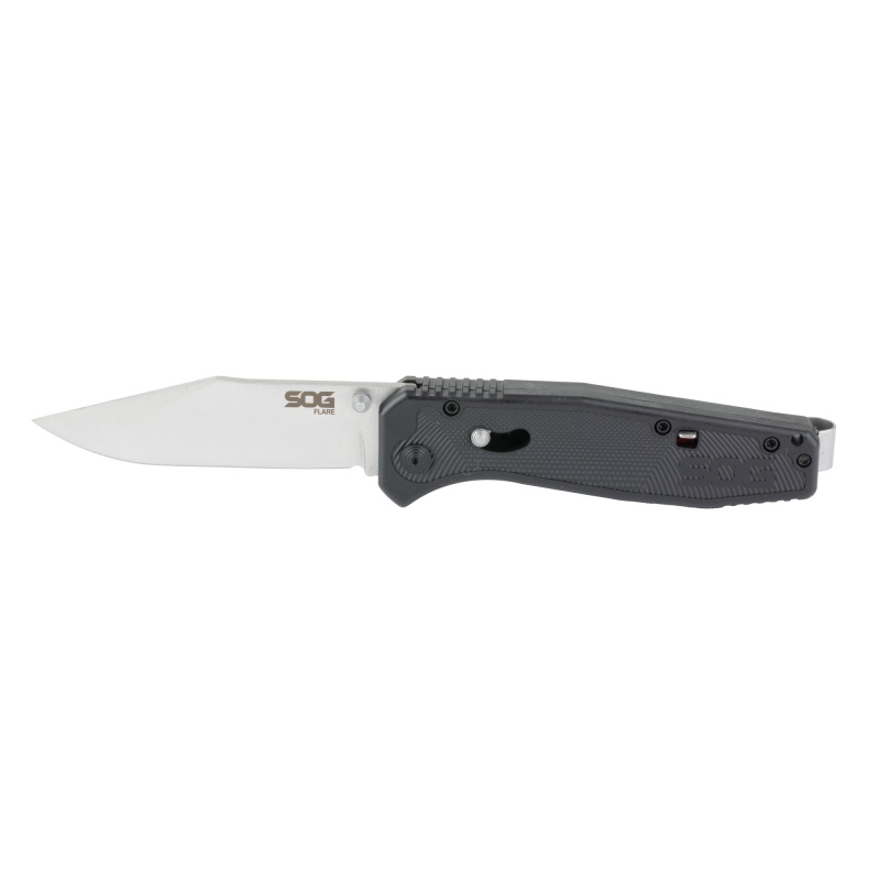 Sog Knives & Tools, Flare, Folding Knife, 3.5" Clip Point Blade, 8" Overall Length, 8Cr13mov Steel, Satin Finish Blade Steel, Straight Edge, Silver, Black Glass-Reinforced Nylon Handle, Sat Opener, Button Lock