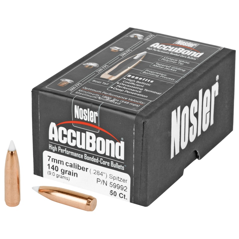 Nosler AccuBond .284 Diameter 7mm 140 Grain Spitzer Boat Tail Bullets, 50 Count