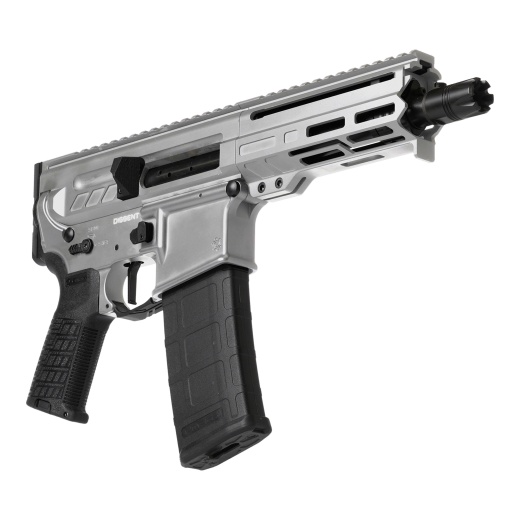 Cmmg, Dissent Mk4, Semi-Automatic Pistol, 300 Blackout, 6.5" Barrel, Cerakote Finish, Titanium, Cmmg Zeroed Linear Compensator, 5.5" Free Float M-Lok Handguard, Zeroed Pistol Grip, 1913 Picatinny Rail End Cap, Manual Safety, 30 Rounds, 2 Magazines