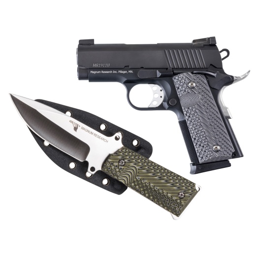 Magnum Research, 1911U, Undercover, 1911, Semi-Automatic, Aluminum Frame Pistol, Officer Size, 45 Acp, 3" Barrel, Steel Slide, Black, G10 Grips, Adjustable Rear Sight, 6 Rounds, 2 Magazines, Includes 1911 Knife And Sheath