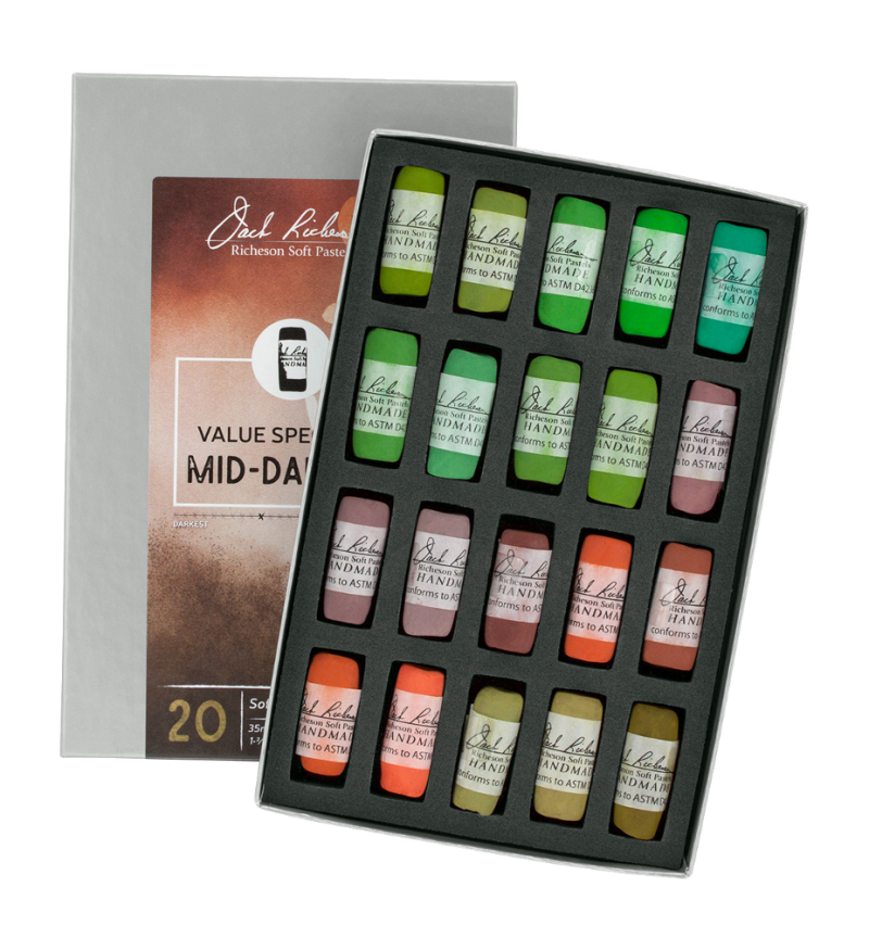 Richeson Soft Handrolled Pastels Set Of 20 - Color: Value Spectrum Mid-Darks 5