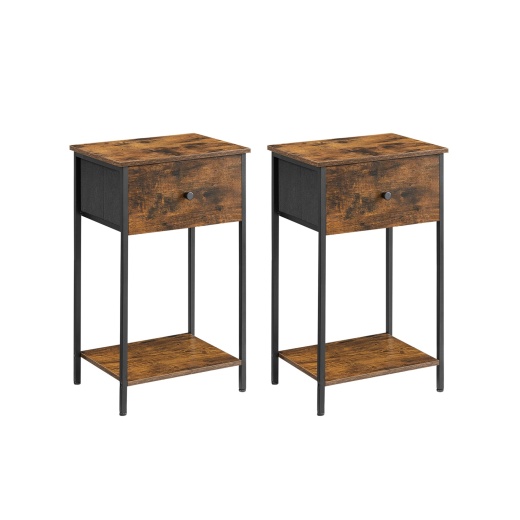 Set of 2 End Tables - Rustic Brown and Black - Bedside Tables with Storage