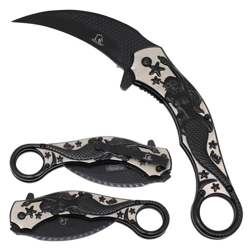 8.25" Black Titanium Coated Blade Mermaid Design Handle Spring Assisted Folding Knife