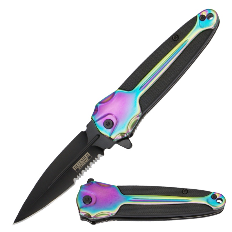 Defender-Xtreme 9" Rainbow Titanium Coating Handle With Plastic Inlay Spring Assisted Folding Knife