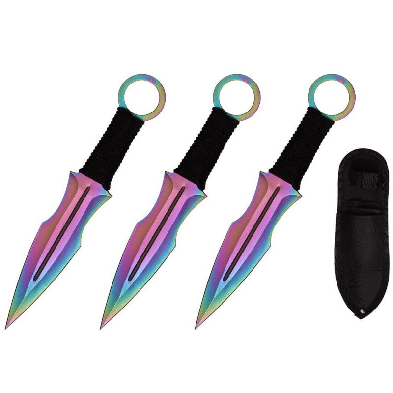 7.5" Rainbow Color Throwing Knife 3Pc Set With Nylon Sheath