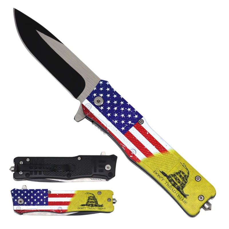 8" Usa Flag & Don’T Tread On Me 3D Printed Handle Spring Assisted Folding Pocket Knife With Clip