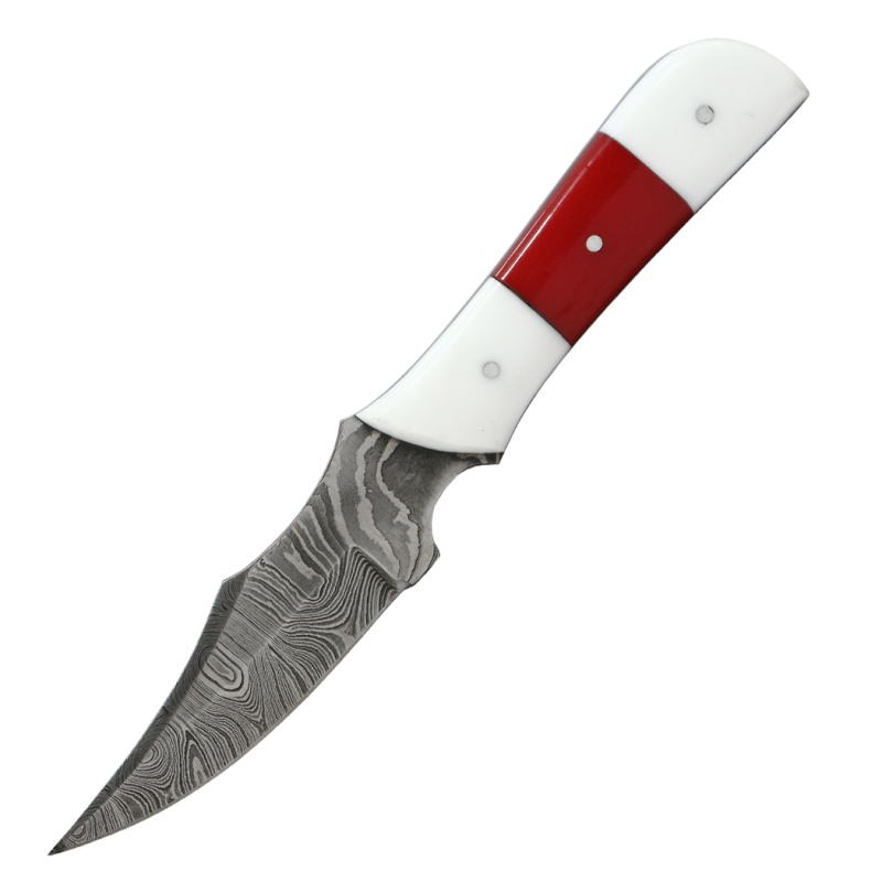 Theboneedge 6.5" White & Red Resin Handle Damascus Blade Hunting Knife With Sheath