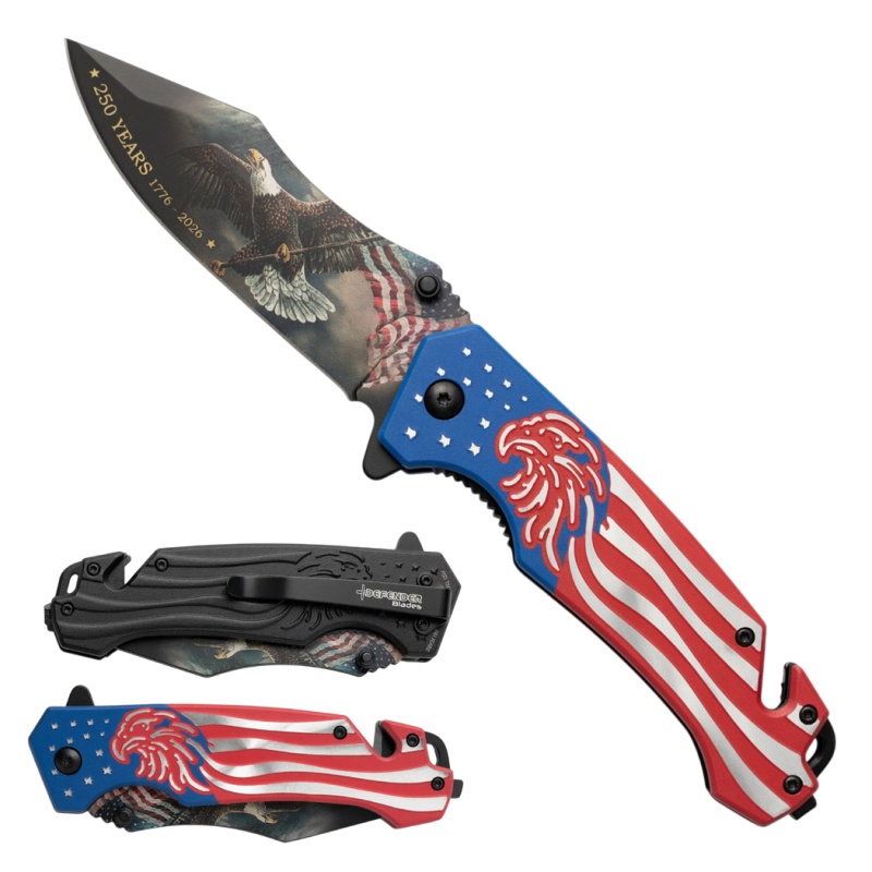 8" American Eagle & Usa Flag Printed Spring Assisted Folding Knife With Aluminum Handle & Belt Cutter