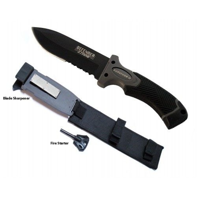 11" Black Survival Ii Knife With Blade Sharpener, Fire Starter & Sheath