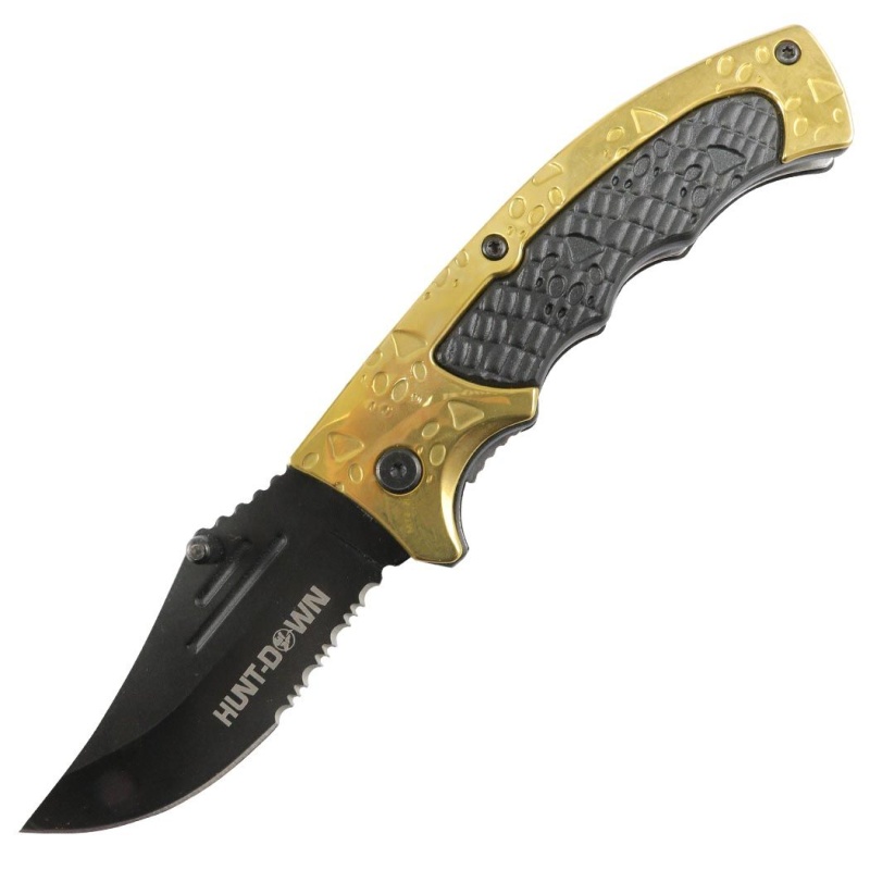 Hunt-Down 8" Gold & Black Tiger Paw Staineless 3Cr13 Steel Spring Assisted Folding Knife