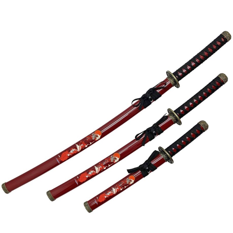 39" Red Dragon Print Carbon Steel Samurai Sword Set