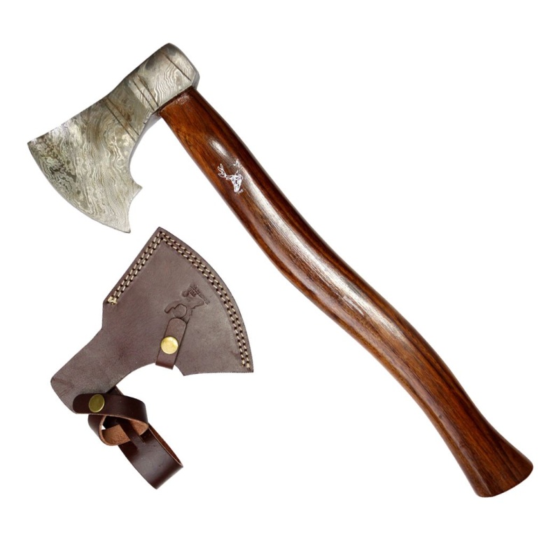 Theboneedge 19" Throwing Axe with Damascus Blade, Dark Wood Grip and Sheath