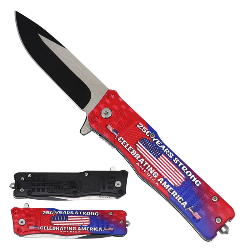 8" Usa Flag & 250 Years Strong 3D Printed Handle Spring Assisted Folding Pocket Knife With Clip