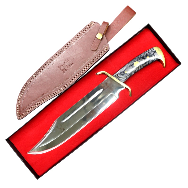 Theboneedge 16.5" Full Tang Black Wood Handle Brass Clip Hunting Bowie Knife With Sheath