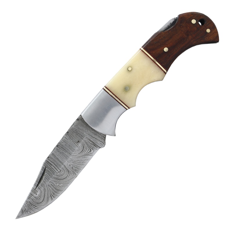 Theboneedge 6.5" Damascus Blade Folding Knife Bone & Wood Handle Steel Bolster With Pouch