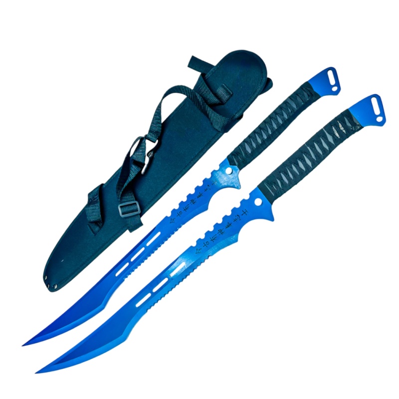 2 Pc Blue Ninja Swords Set 27" Full Tang Stainless Steel Blades With Sheath/Magnetic